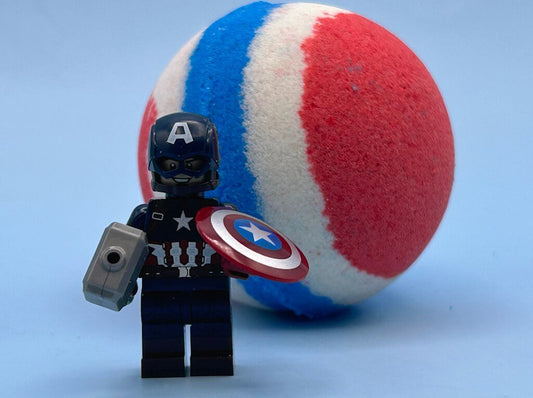 LIMITED EDITION DROP: Captain America Superhero Bath Bomb with Toy Figure Inside - Berwyn Betty's Bath & Body Shop