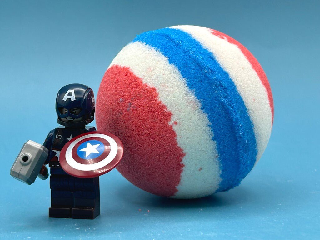 LIMITED EDITION DROP: Captain America Superhero Bath Bomb with Toy Figure Inside - Berwyn Betty's Bath & Body Shop