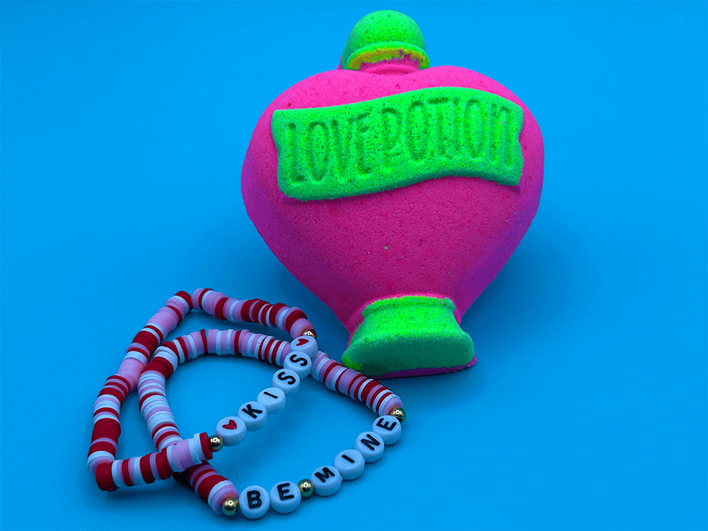 LOVE POTION Kids Bath Bomb with Valentine’s Day Beaded Bracelet Inside - Berwyn Betty's Bath & Body Shop