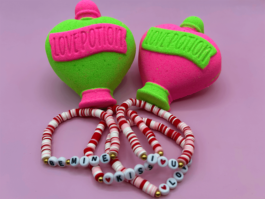 LOVE POTION Kids Bath Bomb with Valentine’s Day Beaded Bracelet Inside - Berwyn Betty's Bath & Body Shop