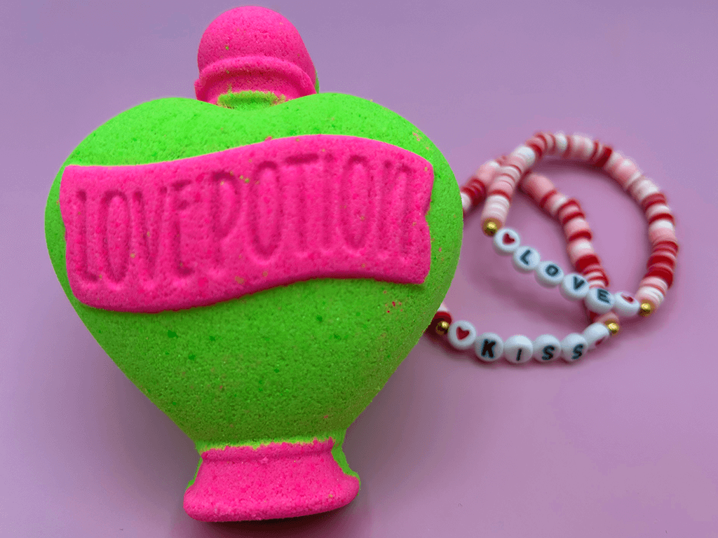 LOVE POTION Kids Bath Bomb with Valentine’s Day Beaded Bracelet Inside - Berwyn Betty's Bath & Body Shop
