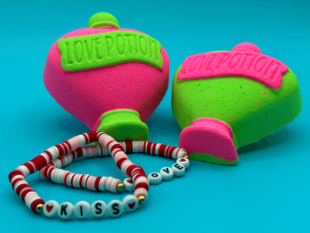 LOVE POTION Kids Bath Bomb with Valentine’s Day Beaded Bracelet Inside - Berwyn Betty's Bath & Body Shop