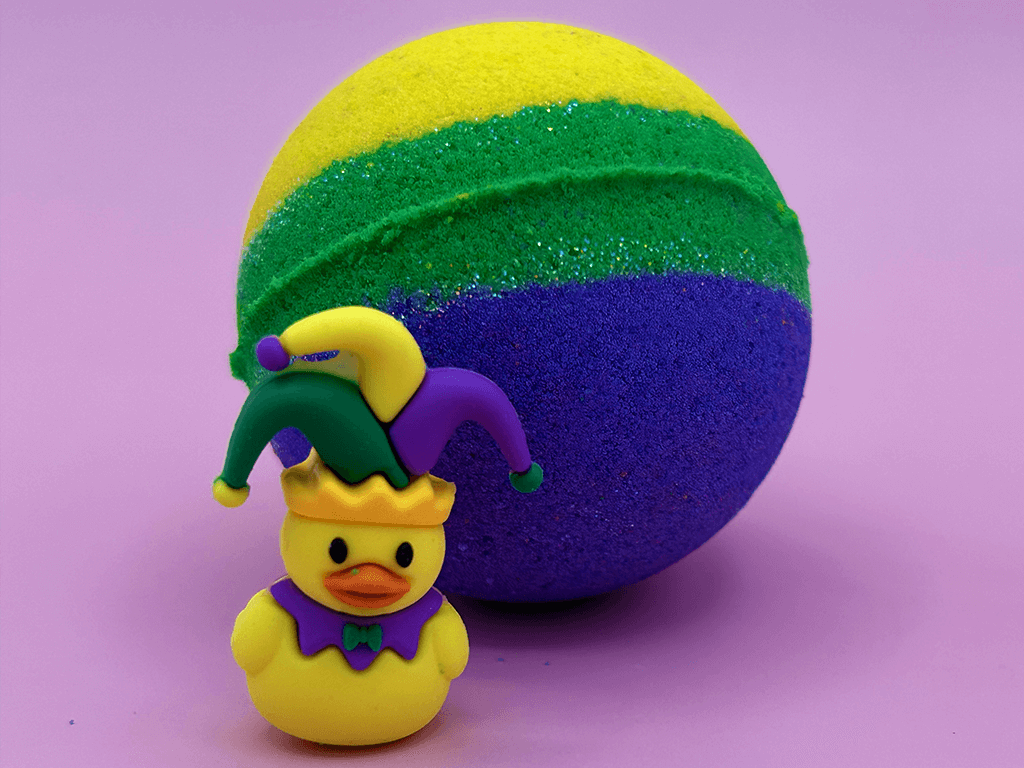 MARDI GRAS Kids Bath Bomb with Mardi Gras Duck Inside - Berwyn Betty's Bath & Body Shop