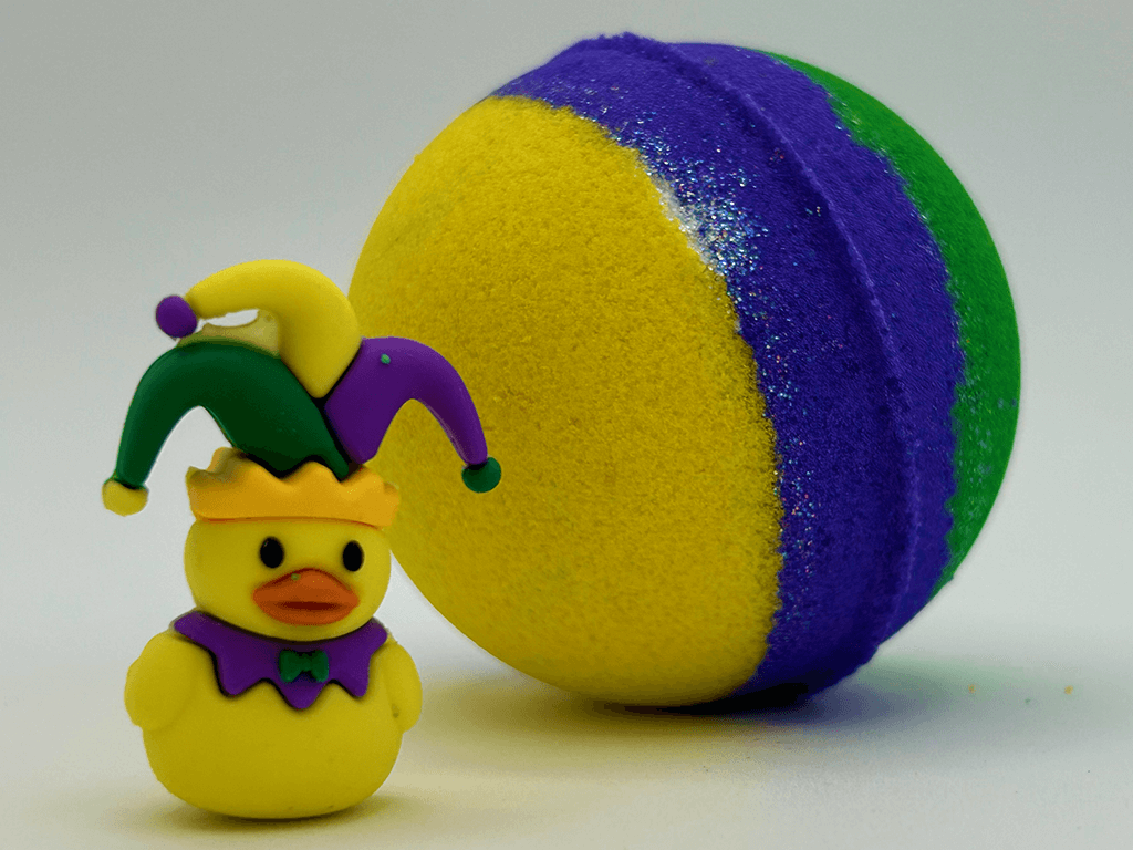 MARDI GRAS Kids Bath Bomb with Mardi Gras Duck Inside - Berwyn Betty's Bath & Body Shop