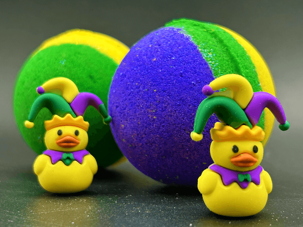 MARDI GRAS Kids Bath Bomb with Mardi Gras Duck Inside - Berwyn Betty's Bath & Body Shop