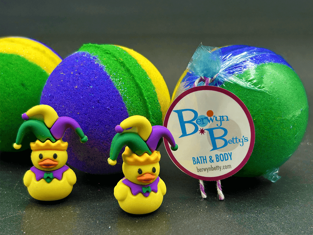 MARDI GRAS Kids Bath Bomb with Mardi Gras Duck Inside - Berwyn Betty's Bath & Body Shop