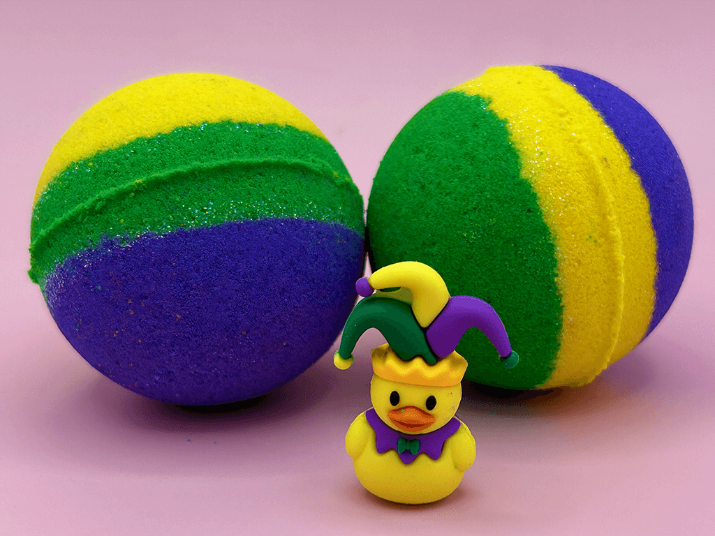 MARDI GRAS Kids Bath Bomb with Mardi Gras Duck Inside - Berwyn Betty's Bath & Body Shop