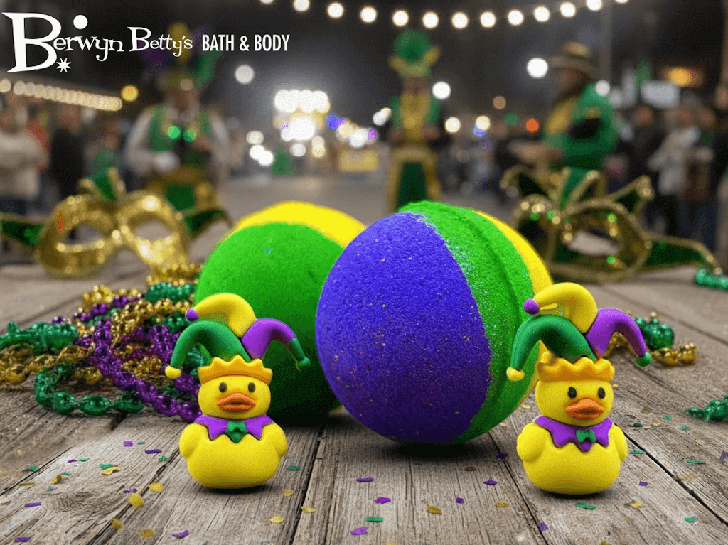 MARDI GRAS Kids Bath Bomb with Mardi Gras Duck Inside - Berwyn Betty's Bath & Body Shop