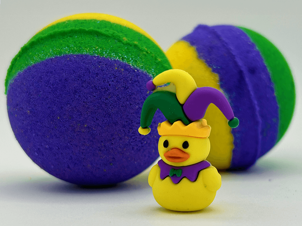MARDI GRAS Kids Bath Bomb with Mardi Gras Duck Inside - Berwyn Betty's Bath & Body Shop