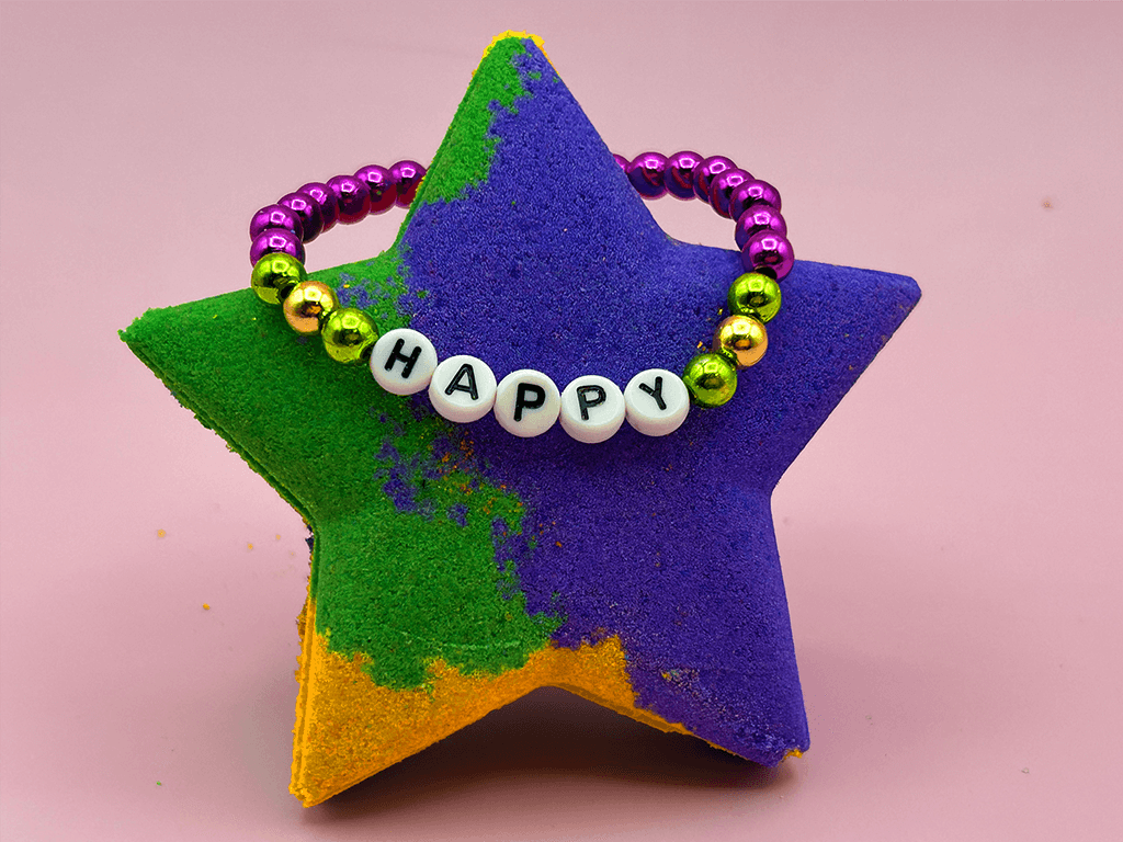 MARDI GRAS STAR Kids Bath Bomb with Mardi Gras Bracelet Inside - Berwyn Betty's Bath & Body Shop