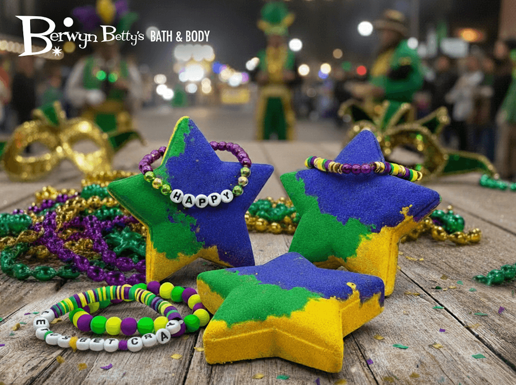 MARDI GRAS STAR Kids Bath Bomb with Mardi Gras Bracelet Inside - Berwyn Betty's Bath & Body Shop