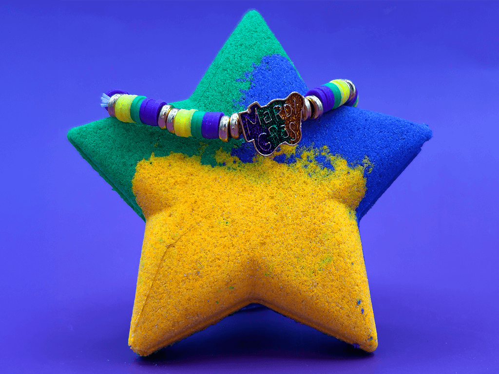 MARDI GRAS STAR Kids Bath Bomb with Mardi Gras Bracelet Inside - Berwyn Betty's Bath & Body Shop