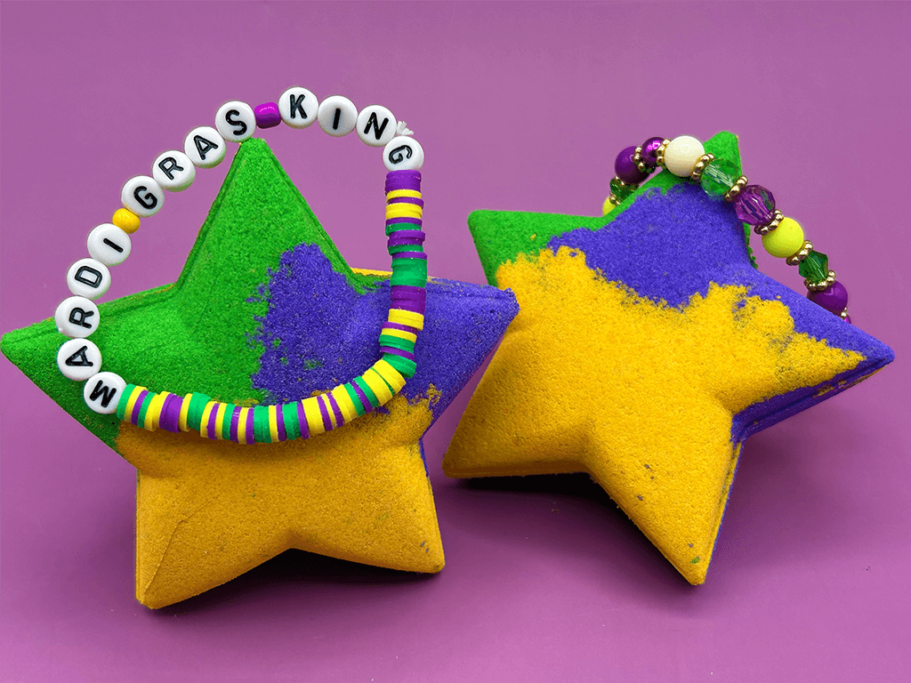 MARDI GRAS STAR Kids Bath Bomb with Mardi Gras Bracelet Inside - Berwyn Betty's Bath & Body Shop
