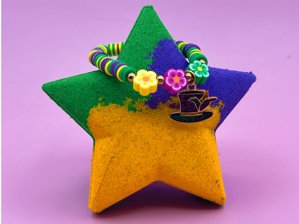 MARDI GRAS STAR Kids Bath Bomb with Mardi Gras Bracelet Inside - Berwyn Betty's Bath & Body Shop