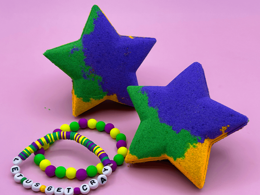 MARDI GRAS STAR Kids Bath Bomb with Mardi Gras Bracelet Inside - Berwyn Betty's Bath & Body Shop