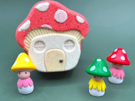 Mushroom Cottage Kids Bath Bomb with Mushroom Fairy Figure Inside - Berwyn Betty's Bath & Body Shop