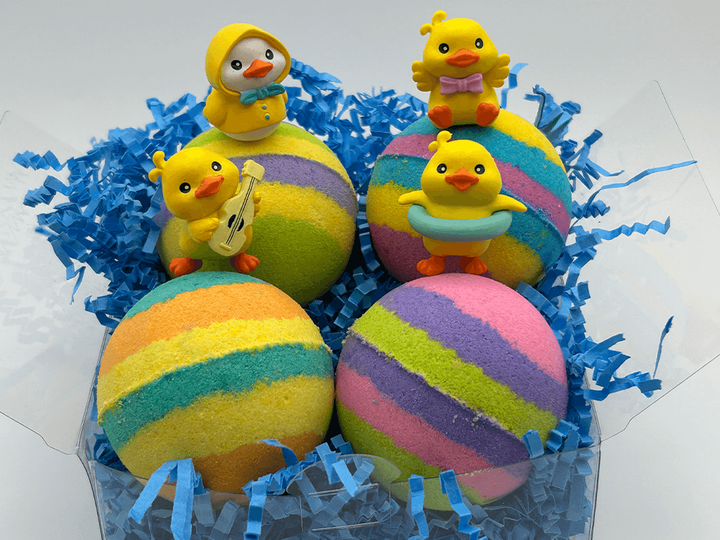 Rainbow Duck Kids Bath Bomb Gift Box with Toy Ducks Inside - 4 ct - Berwyn Betty's Bath & Body Shop