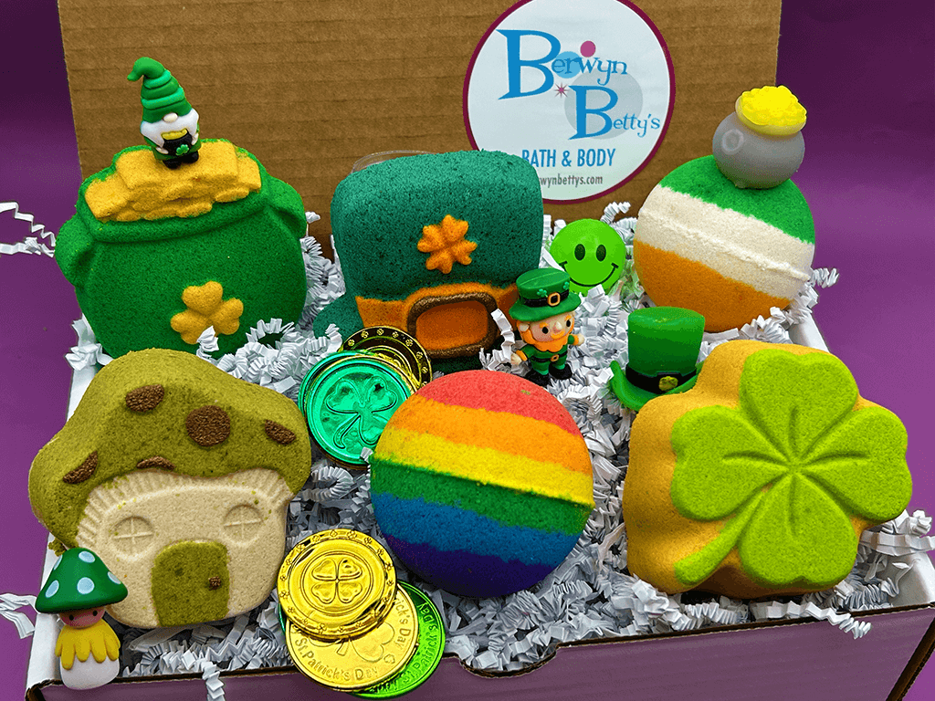 St Patrick's Kids Bath Bomb Collection Box with Holiday Themed Bombs - 6 ct - Berwyn Betty's Bath & Body Shop