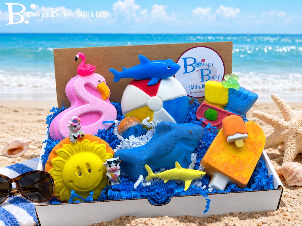 SUMMER SPLASH Beach & Pool Party Kids Bath Bomb Gift Box with Toys Inside - 6 ct - Berwyn Betty's Bath & Body Shop