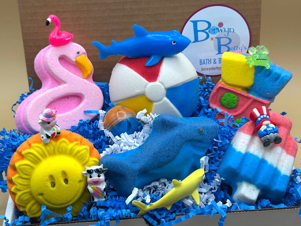 SUMMER SPLASH Beach & Pool Party Kids Bath Bomb Gift Box with Toys Inside - 6 ct - Berwyn Betty's Bath & Body Shop