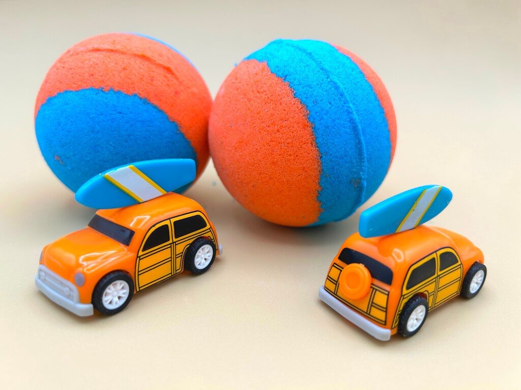 Summer Surfer Bath Bomb with Beach Surfer Pullback Woody Car Inside - Berwyn Betty's Bath & Body Shop