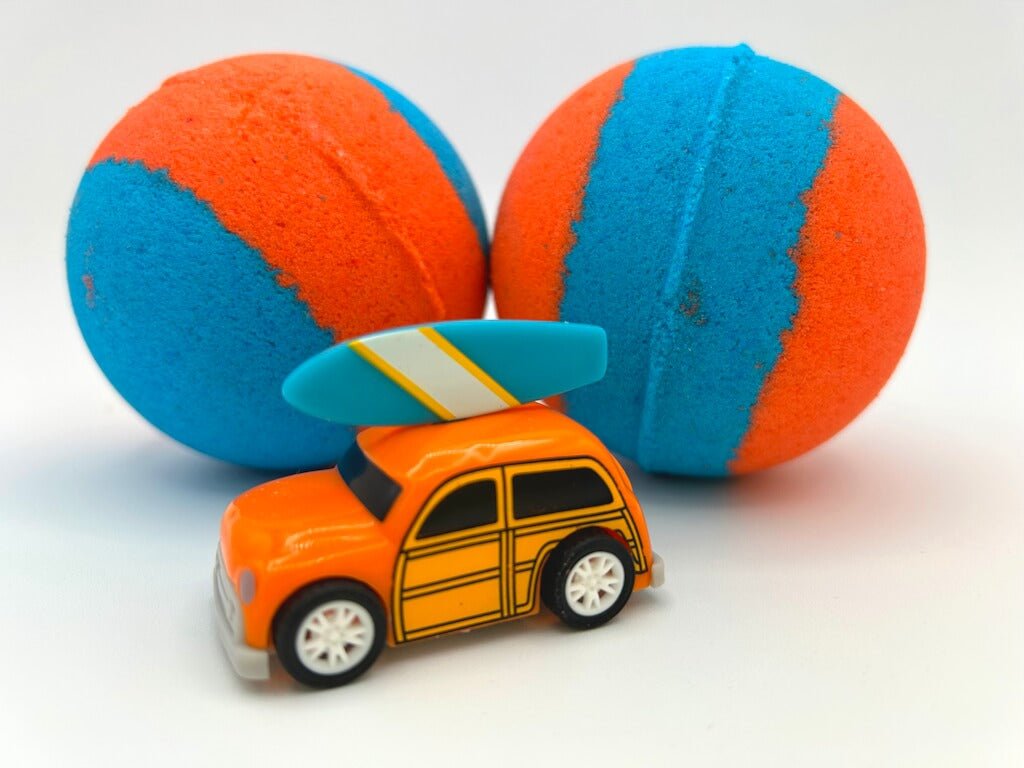 Summer Surfer Bath Bomb with Beach Surfer Pullback Woody Car Inside - Berwyn Betty's Bath & Body Shop