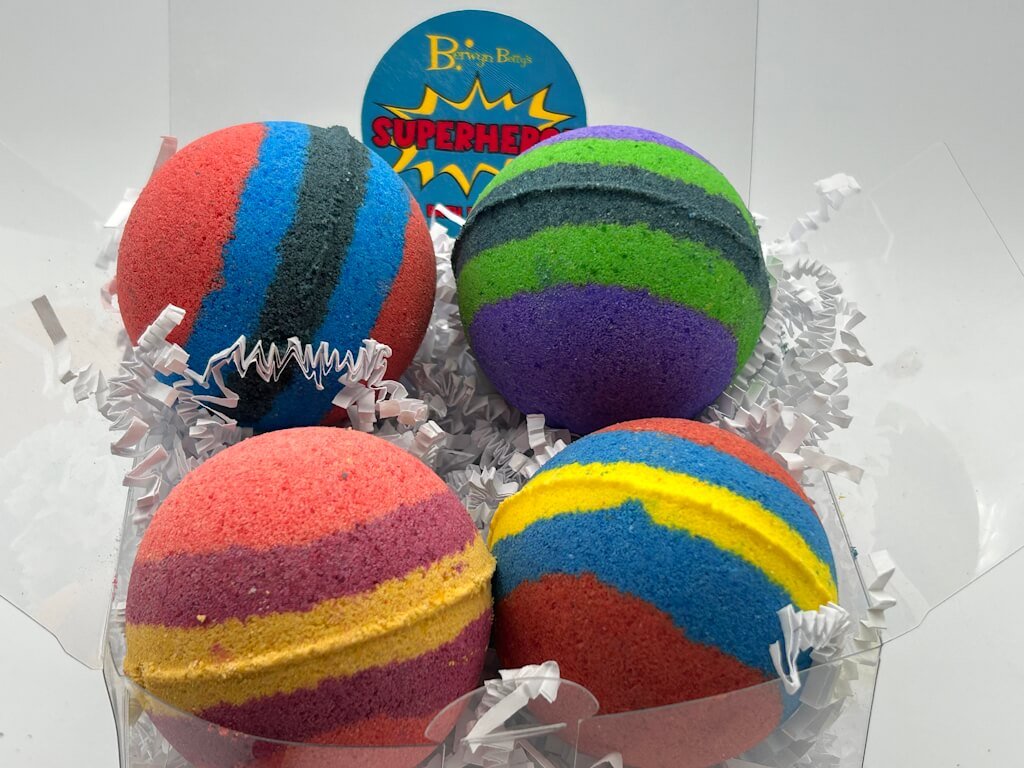 SUPERHERO BALL Kids Bath Bomb Gift Box with Toys Inside - 4 ct - Berwyn Betty's Bath & Body Shop