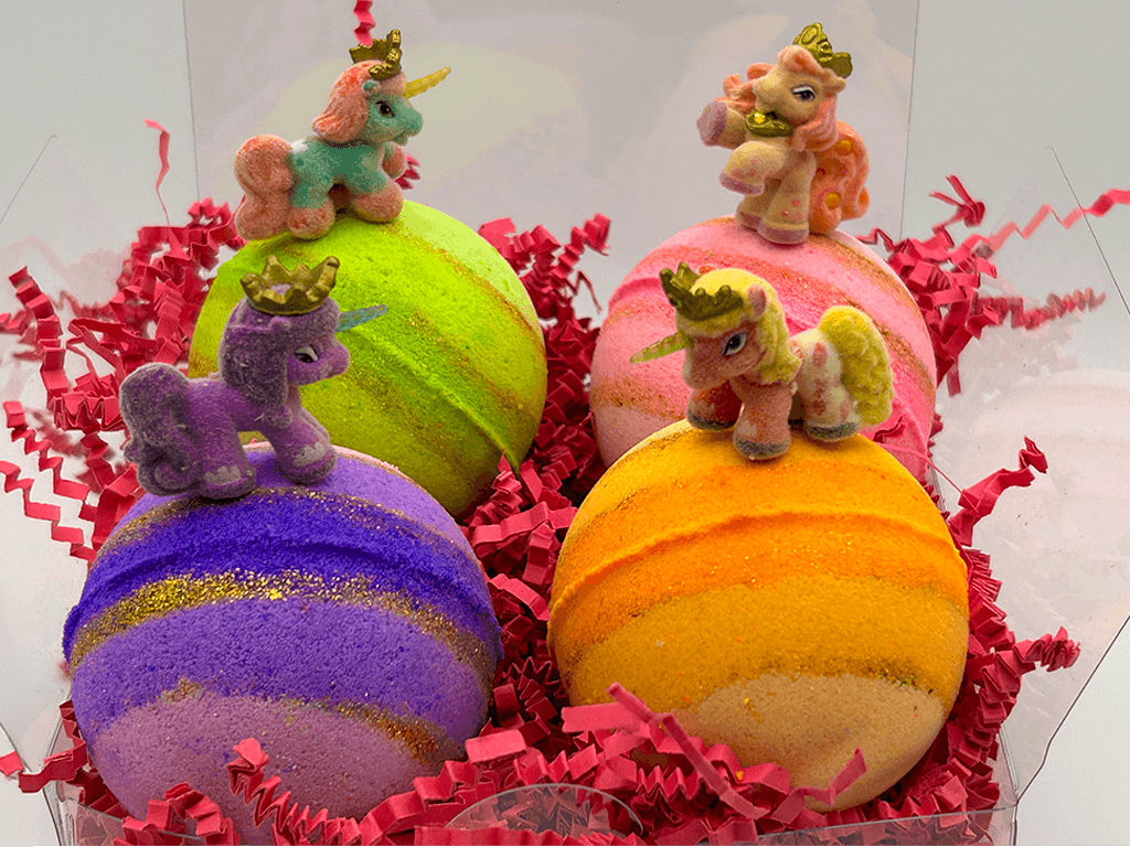 UNICORN Kids Bath Bombs Gift Box with Toys Inside - 4 ct - Berwyn Betty's Bath & Body Shop