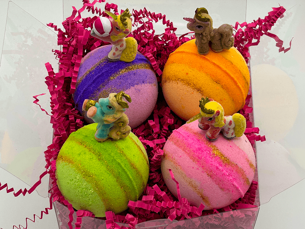 UNICORN Kids Bath Bombs Gift Box with Toys Inside - 4 ct - Berwyn Betty's Bath & Body Shop