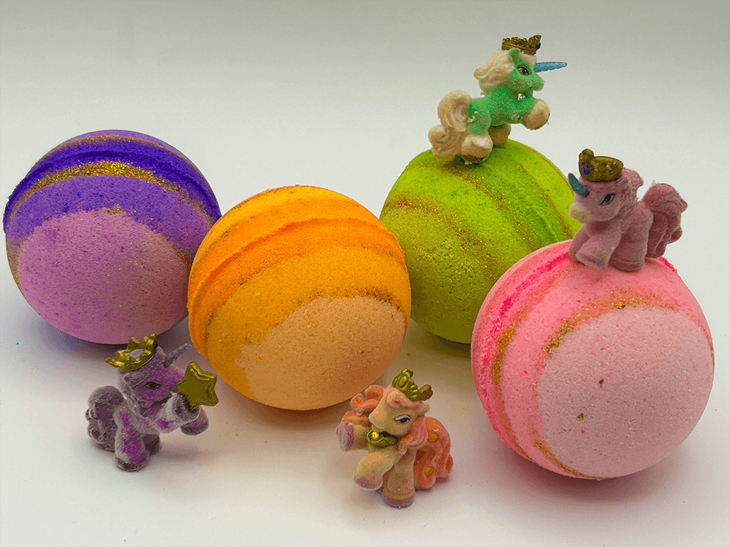 UNICORN Kids Bath Bombs Gift Box with Toys Inside - 4 ct - Berwyn Betty's Bath & Body Shop