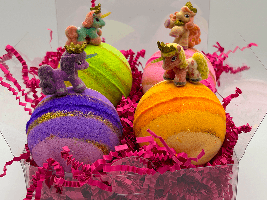 UNICORN Kids Bath Bombs Gift Box with Toys Inside - 4 ct - Berwyn Betty's Bath & Body Shop