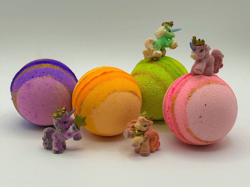 UNICORN Kids Bath Bombs Gift Box with Toys Inside - 4 ct - Berwyn Betty's Bath & Body Shop