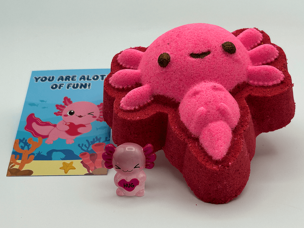 VALENTINE AXOLOTL Kids Bath Bomb with Axolotl Figure Inside - Berwyn Betty's Bath & Body Shop