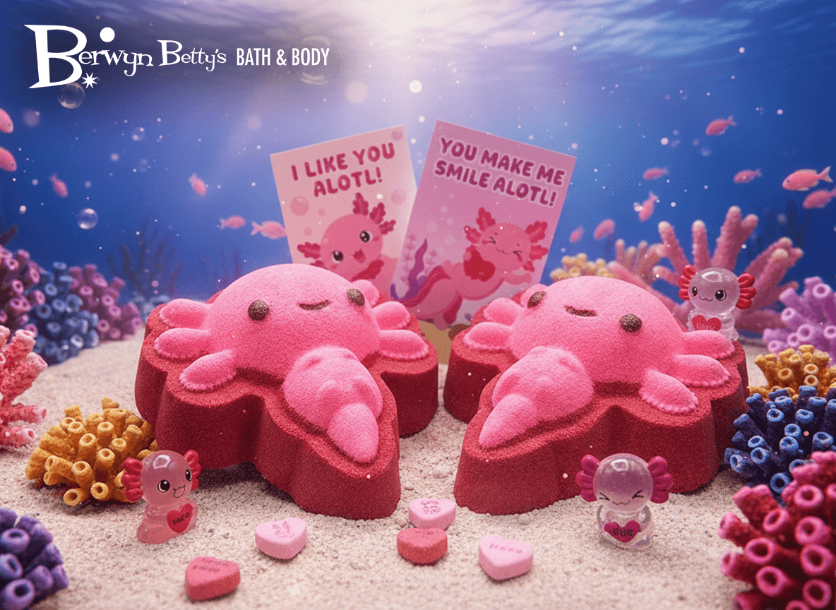 VALENTINE AXOLOTL Kids Bath Bomb with Axolotl Figure Inside - Berwyn Betty's Bath & Body Shop