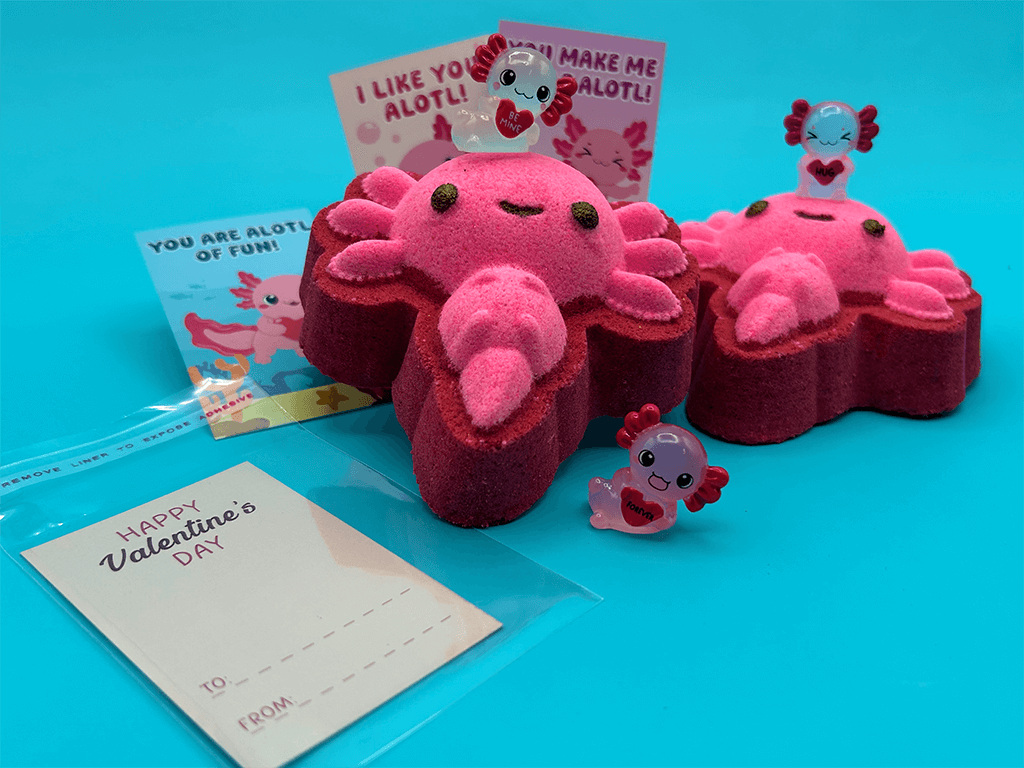 VALENTINE AXOLOTL Kids Bath Bomb with Axolotl Figure Inside - Berwyn Betty's Bath & Body Shop