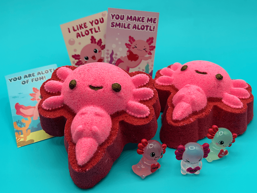 VALENTINE AXOLOTL Kids Bath Bomb with Axolotl Figure Inside - Berwyn Betty's Bath & Body Shop