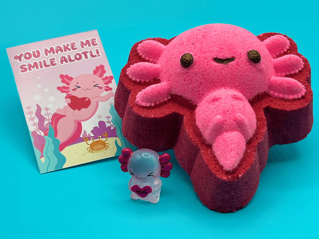 VALENTINE AXOLOTL Kids Bath Bomb with Axolotl Figure Inside - Berwyn Betty's Bath & Body Shop