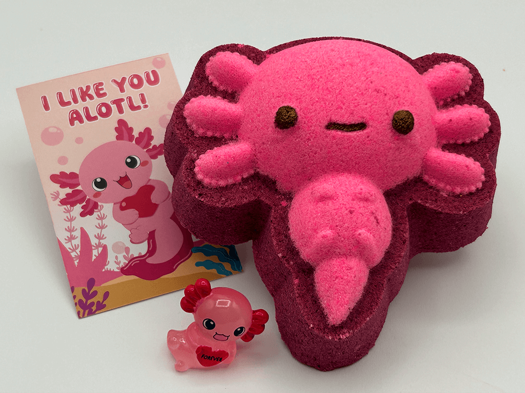VALENTINE AXOLOTL Kids Bath Bomb with Axolotl Figure Inside - Berwyn Betty's Bath & Body Shop