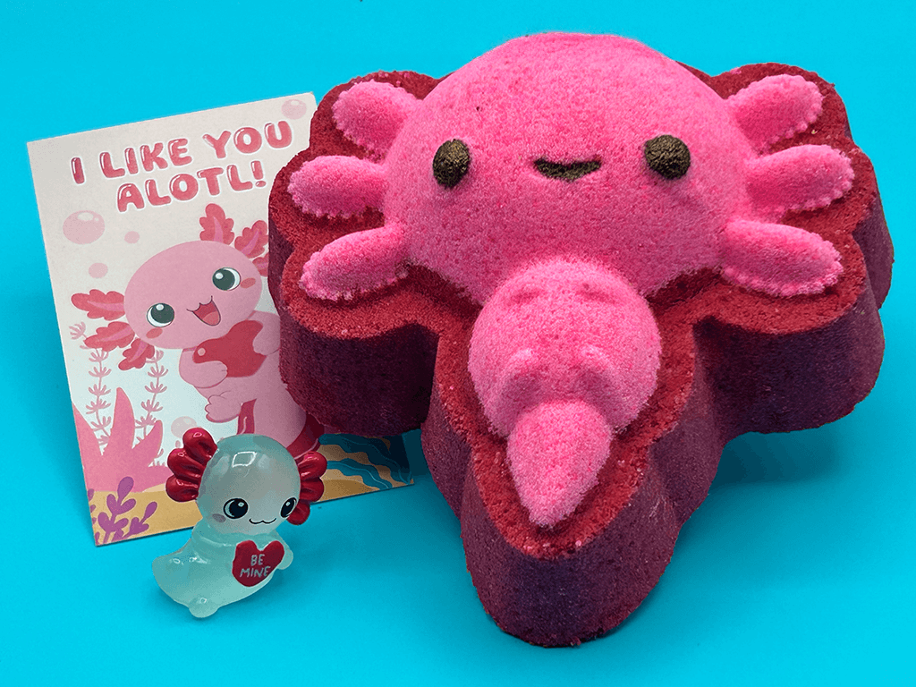 VALENTINE AXOLOTL Kids Bath Bomb with Axolotl Figure Inside - Berwyn Betty's Bath & Body Shop