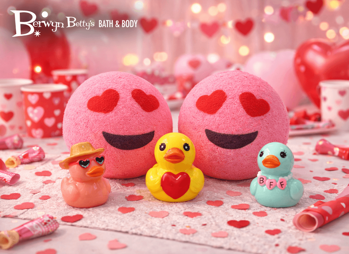 VALENTINE EMOJI Kids Bath Bomb with Duck Figurine Inside - Berwyn Betty's Bath & Body Shop