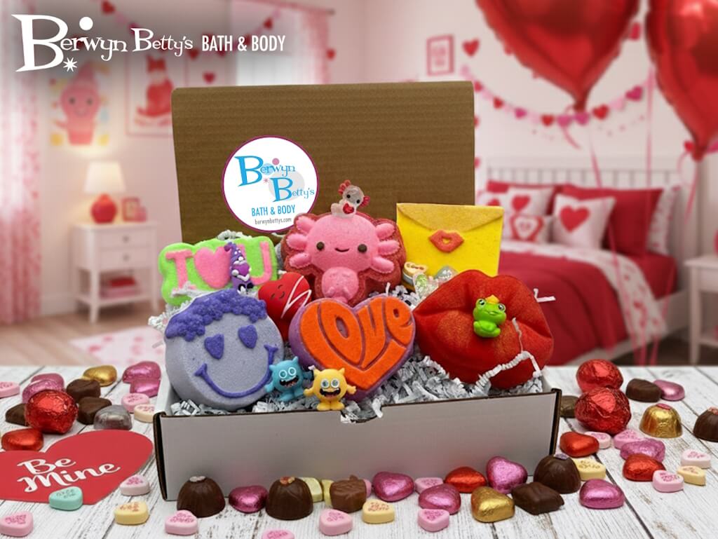 VALENTINE Kids Bath Bombs Collection with Holiday Themed Toys - 6 ct - Berwyn Betty's Bath & Body Shop