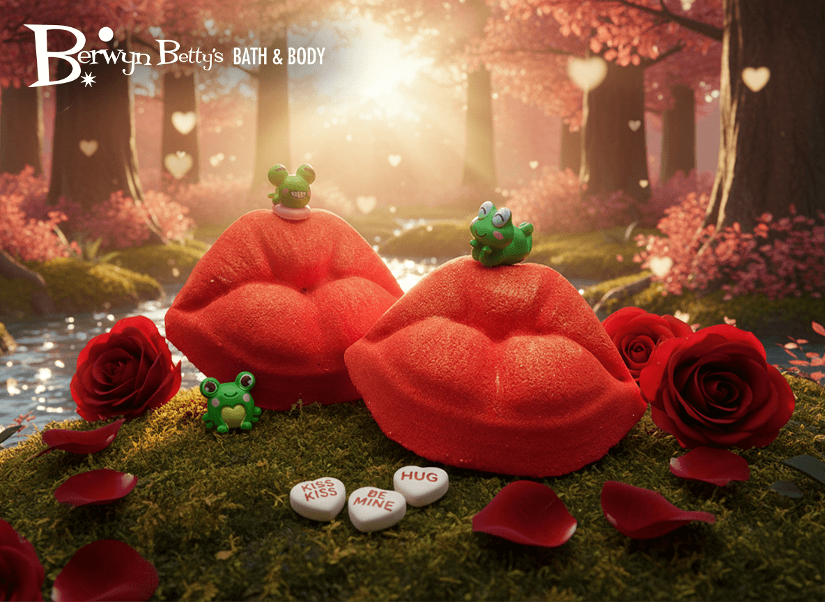 VALENTINE KISSY LIPS Kids Bath Bomb with Frog Toy Inside - Berwyn Betty's Bath & Body Shop