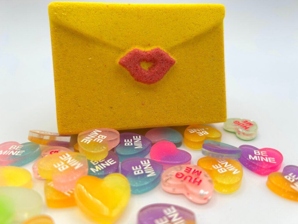 Valentine Love Letter Kids Bath Bomb with Toy Conversation Hearts Inside - Berwyn Betty's Bath & Body Shop