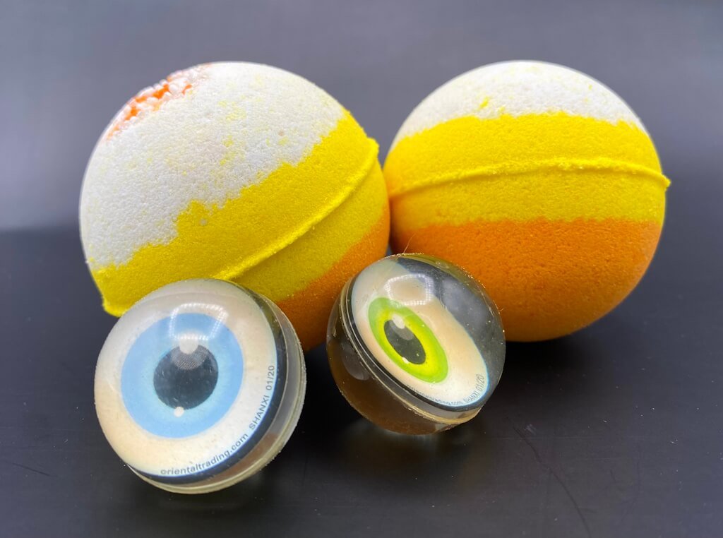 Candy Corn Bath Bomb with Toy Eyeball Bouncy Ball Inside - Berwyn Betty's Bath & Body Shop