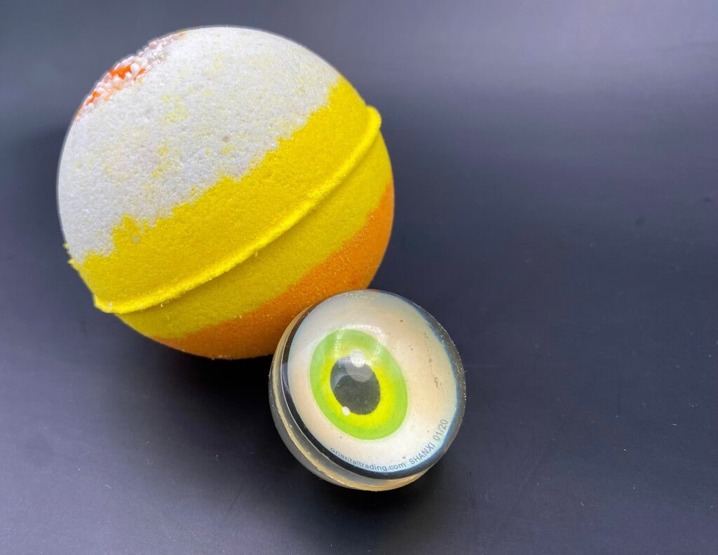 Candy Corn Bath Bomb with Toy Eyeball Bouncy Ball Inside - Berwyn Betty's Bath & Body Shop