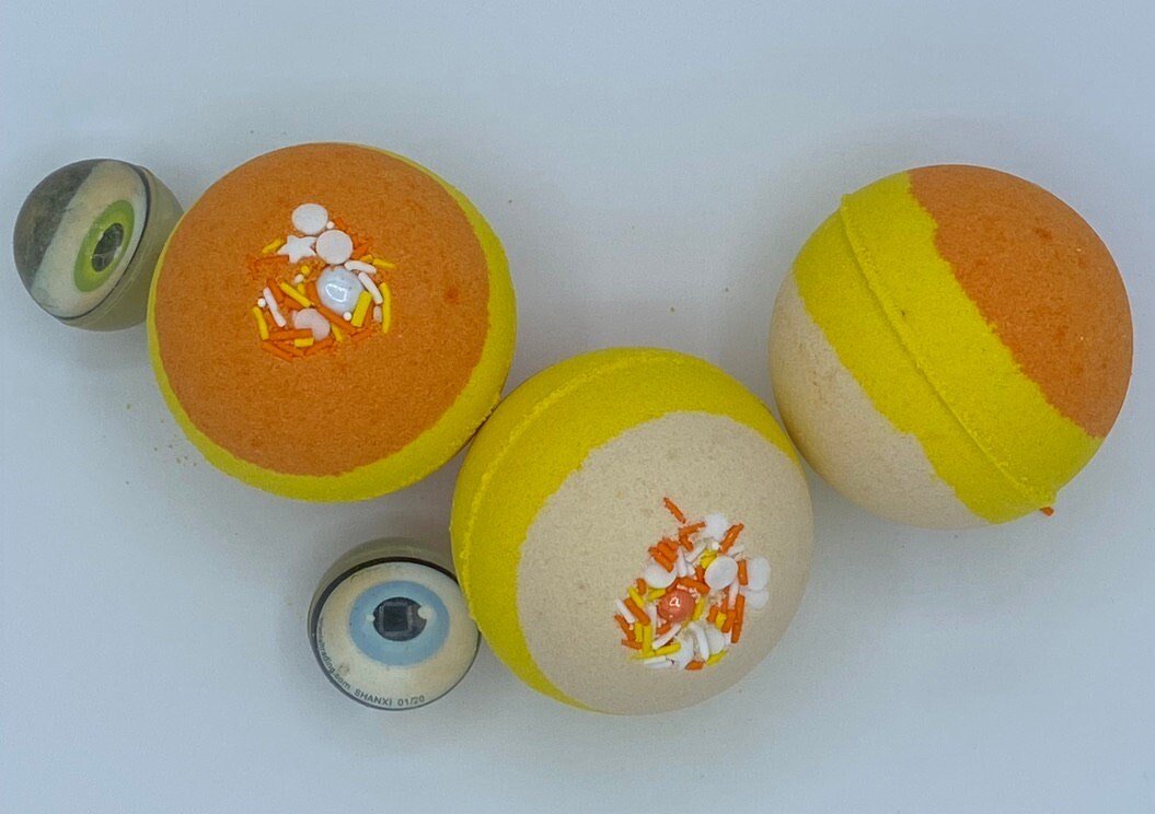 Candy Corn Bath Bomb with Toy Eyeball Inside - Berwyn Betty's Bath & Body Shop