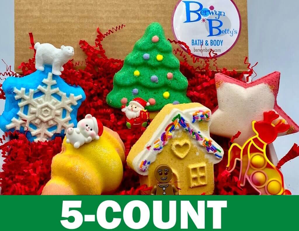 Christmas Bath Bombs Gift Box with Holiday Themed Bombs - 5 ct - Berwyn Betty's Bath & Body Shop