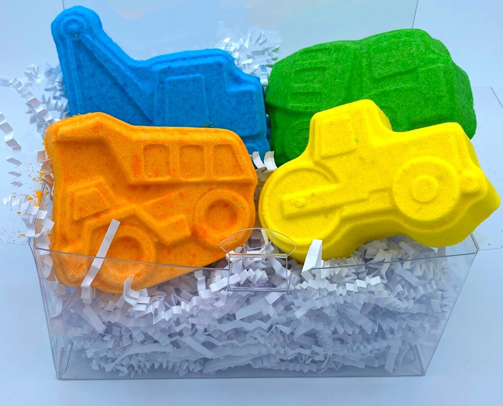 Construction Vehicle Bath Bombs with Worker Toy Inside Gift Pack - 4 ct - Berwyn Betty's Bath & Body Shop
