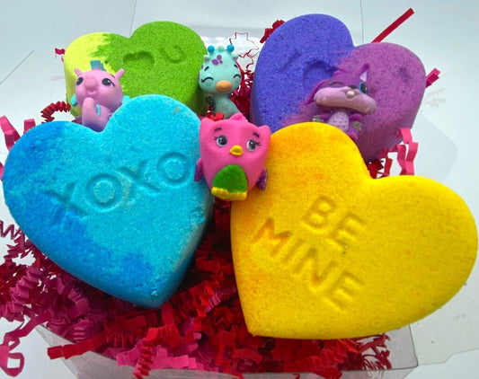 Conversation Heart Kids Bath Bomb Gift Box with Cute Creature Mini Figure Toys Inside - 4 ct - Berwyn Betty's Bath & Body Shop