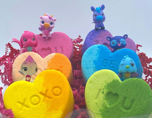 Conversation Heart Kids Bath Bomb Gift Box with Cute Creature Mini Figure Toys Inside - 6 ct - Berwyn Betty's Bath & Body Shop
